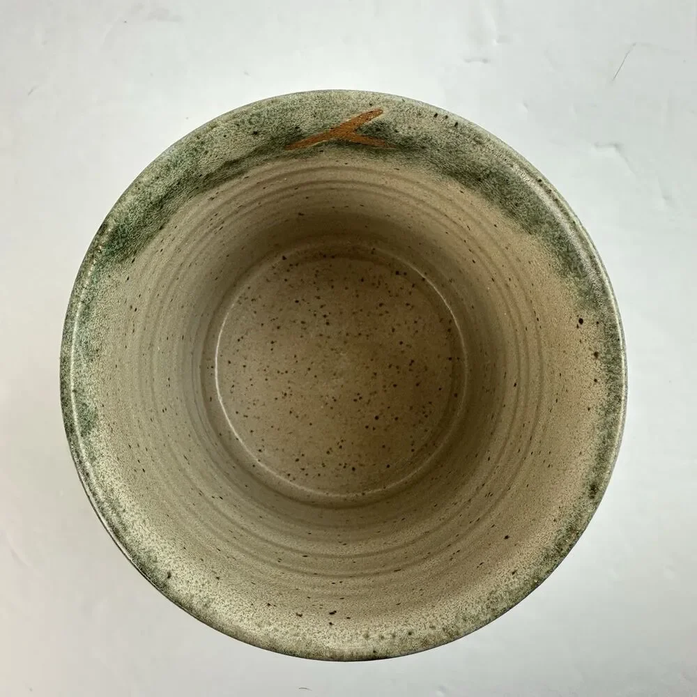 Artisan Utensil Holder Stoneware Art Pottery Crock Painted Tree Green Brown Boho